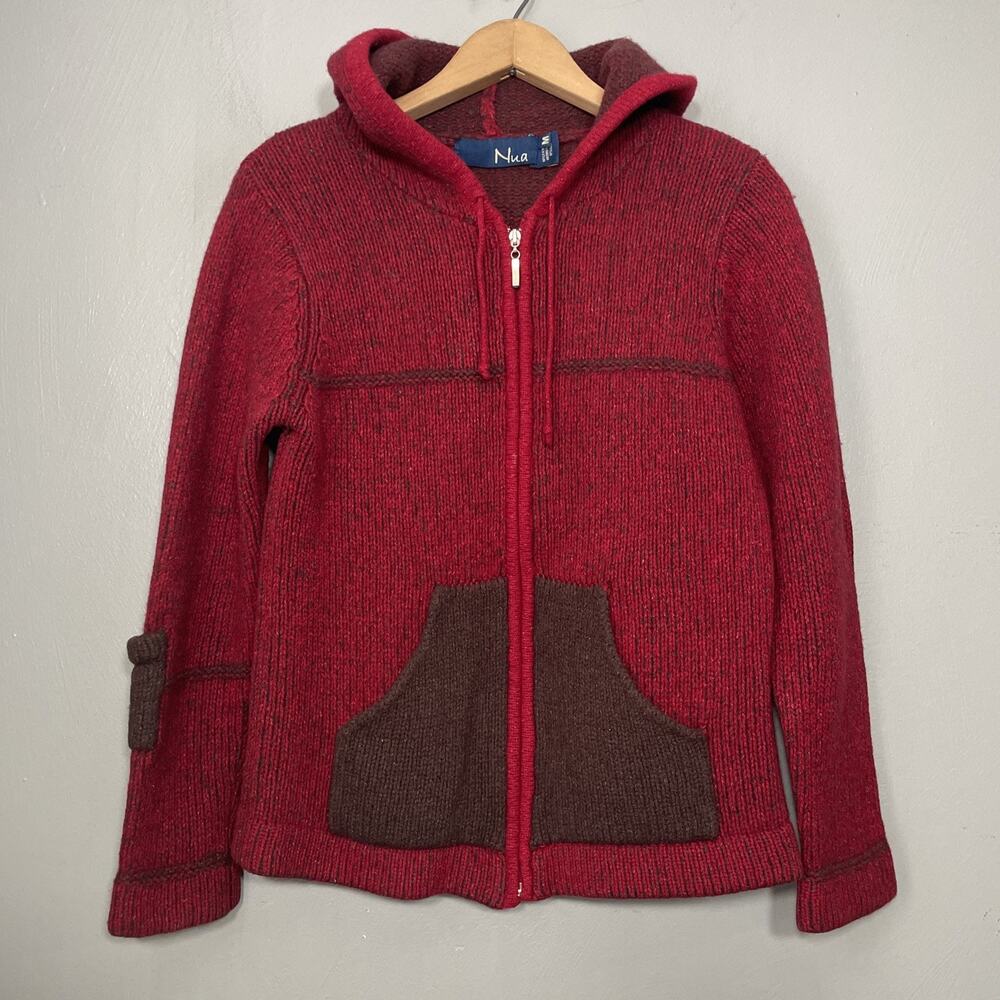 Nua Cardigan Fits Size Small Red Merino Wool Hooded Fisherman Sweater Chunky Y2K